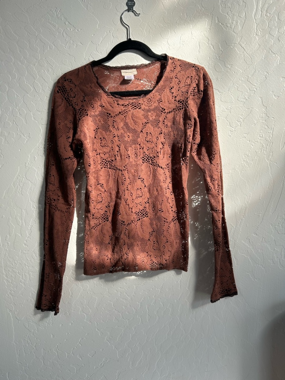 Brown Sheer Lace Long-Sleeve Scoop Neck Top